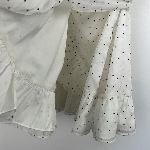 Super down short sleeve black white polka dot ruffle hem lined wrap mini dress - Picture 6 of 11